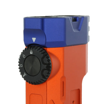 Close-up of the Fitorch PX18 LED flashlight orange version with control dial on a white background