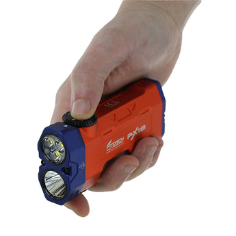 Fitorch PX18 LED flashlight orange version held in a hand with LEDs visible