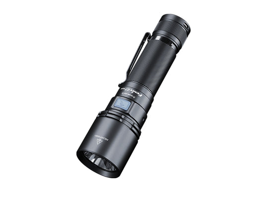 Black flashlight with visible brand name on a white background