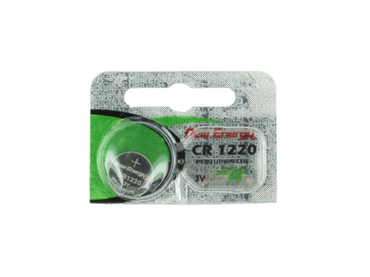 New Energy CR1220 lithium coin cell battery in single tear strip packaging
