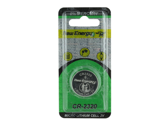 New Energy CR2320 lithium coin cell battery in retail card packaging - 0% mercury label