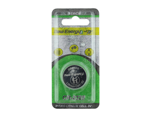 New Energy CR2325 lithium coin cell battery in retail card packaging - 0% mercury label