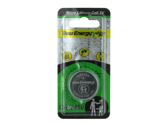 New Energy CR2450 lithium battery in green and black packaging on a white background