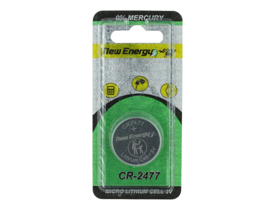 New Energy CR-2477 lithium battery in packaging on a white background