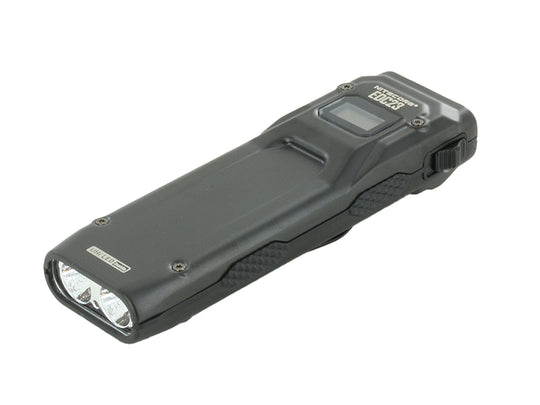 Black Nitecore EDC23 flashlight with digital display on a white background