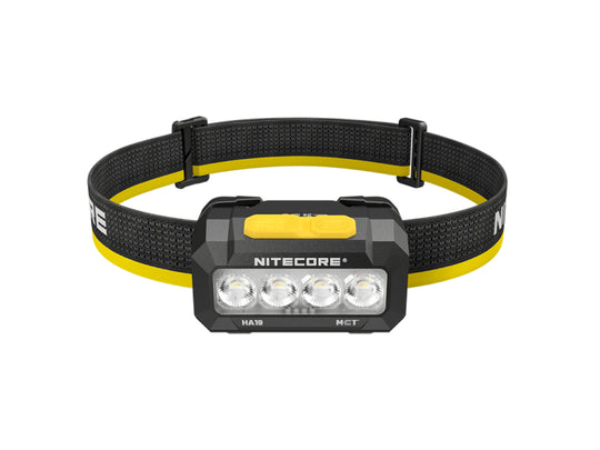 A Nitecore HA19 MCT headlamp with a black and yellow adjustable headband, shown against a solid white background.