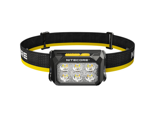 Nitecore headlight with black and yellow strap on a white background