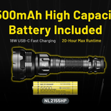 Nitecore P40 USB-C Rechargeable Ultra-Long Throw Dual Beam LEP Flashlight - 2000 Lumens - Includes 1 x 21700