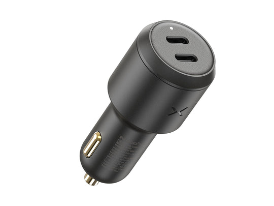 A black 2-port USB-C car charger with a gold-plated cigarette lighter plug, shown on a solid white background.