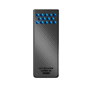 Nitecore Carbo 20 battery pack with carbon fiber texture on a white background