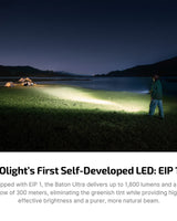 Person using the Olight Baton Ultra EDC Flashlight at night with a tent in the background, featuring Olight's self-developed LED EIP 1.