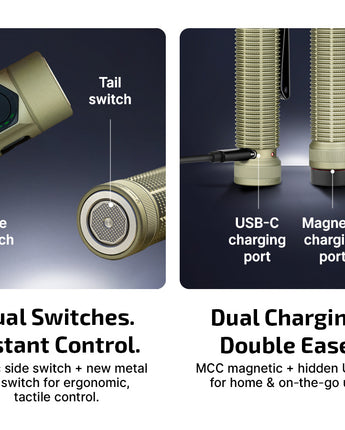 Olight Baton Ultra EDC Flashlight - features with dual switches and dual charging ports