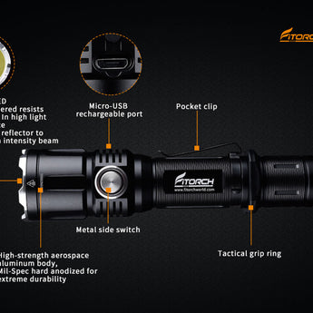 Fitorch P30RGT Rechargeable Tactical LED Flashlight and PowerBank - CREE XP-L - 1180 Lumens - Uses 1 x 18650 (included) or 2 x CR123A
