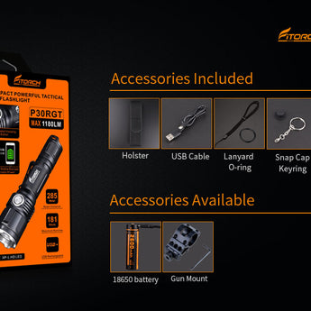 Fitorch P30RGT Rechargeable Tactical LED Flashlight and PowerBank - CREE XP-L - 1180 Lumens - Uses 1 x 18650 (included) or 2 x CR123A