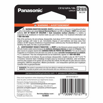 Panasonic CR1616 Lithium Coin Cell Battery - Back View of Package