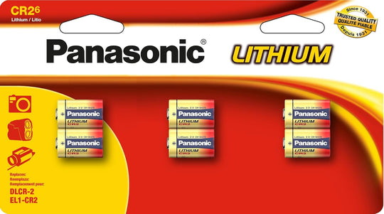 Panasonic 3V Lithium CR2 Battery - Front View of 6 Pack