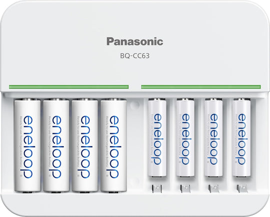 Panasonic Eneloop 8-Bay Charger with Choice of 8x NiMH Batteries - Front Facing View