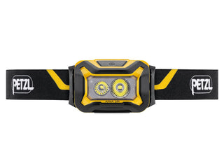 Yellow and black headlamp with Petzl logo on a white background