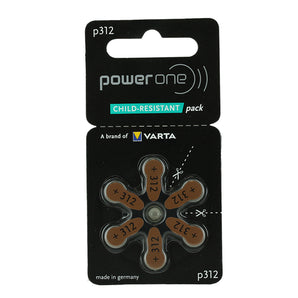 PowerOne Evolution P312 (6PK) Size 312 1.45V Zinc Air Brown Hearing Aid Batteries - 6 Pack Child Resistant Retail Card