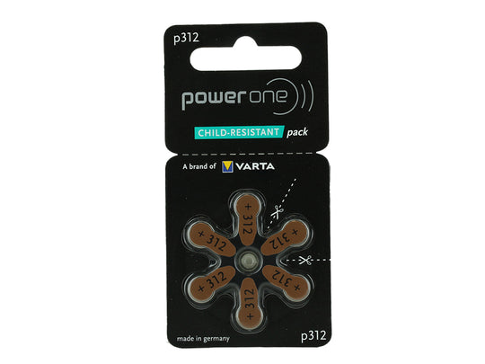 PowerOne Evolution P312 (6PK) Size 312 1.45V Zinc Air Brown Hearing Aid Batteries - 6 Pack Child Resistant Retail Card
