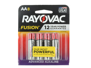 Rayovac AA Fusion batteries packaging with 12-year power guarantee on a white background - 8 pack