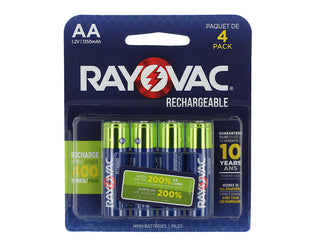 Pack of Rayovac rechargeable AA NiMH batteries with blue and green design.
