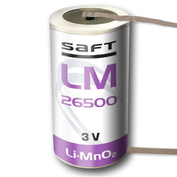 Saft LM 26500 lithium-manganese dioxide battery on a white background