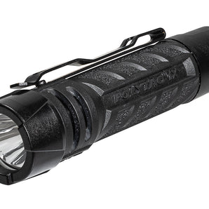 Black flashlight with 'PolyTac' branding on a white background