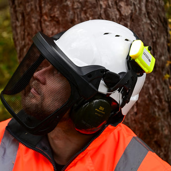 Streamlight SL-SideSaddle Yellow Mounted on Forestry Helmet