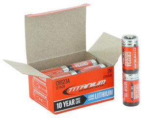 Box of Titanium Innovations CR123A lithium batteries with a double pack in front of box on a white background