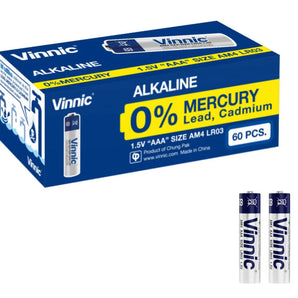 Box of Vinnic LR03AM4 AAA alkaline batteries with two batteries displayed in front on a white background