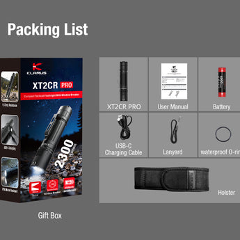 Klarus XT2CR Pro 2025 Next-Gen Tactical Flashlight - USB-C Rechargeable - 2,300 Max Lumens - Includes 1 x 18650 - Matte Black