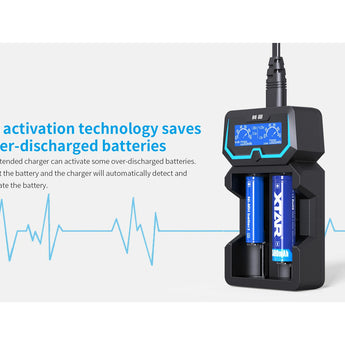 XTAR X2 with two blue batteries on a white background, featuring text about activation technology.