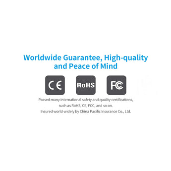 XTAR X2 Certification logos including CE, RoHS, and FCC on a white background with text about worldwide guarantee and peace of mind.
