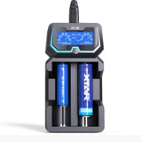 XTAR X2 with two blue batteries inside while charging - front facing view on a white background