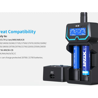 XTAR X2 with blue display and two batteries on a white background - showing compatibility with chemistries and battery types