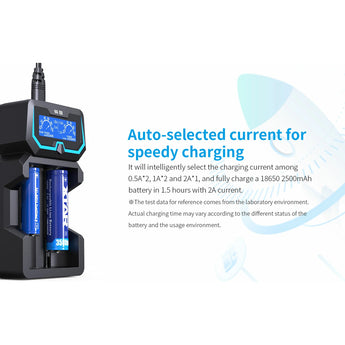 XTAR X2 with digital display on a white background - auto-selects current for speedy charging graphic