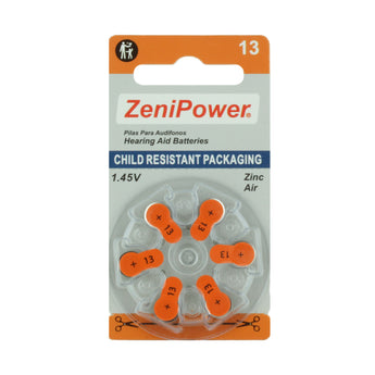 ZeniPower MF13 (6PK) Size 13 280mAh 1.45V Zinc Air Orange Hearing Aid Batteries - 6-Pack Retail Card