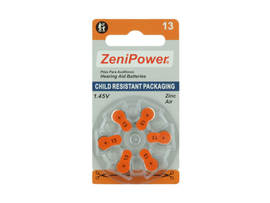 ZeniPower MF13 (6PK) Size 13 280mAh 1.45V Zinc Air Orange Hearing Aid Batteries - 6-Pack Retail Card