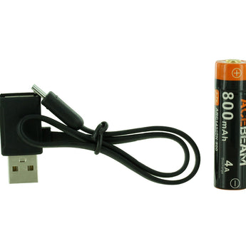 Acebeam ARC14500N-800 14500 800mAh 3.7V Protected Lithium Ion (Li-Ion) Button Top Battery with Built-in Micro USB Charging Port and USB to Micro USB Charging Cable