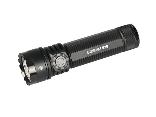 Black Acebeam E75 USB-C Rechargeable LED Flashlight - Angled View