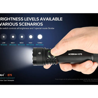 Acebeam E75 USB-C Rechargeable LED Flashlight - Cool White or High CRI LED Options - Includes 1 x 21700 - Anodized Black, Grey, Teal, Green, or MAO Gray Marbling
