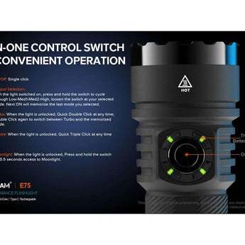 Acebeam E75 USB-C Rechargeable LED Flashlight - Cool White or High CRI LED Options - Includes 1 x 21700 - Anodized Black, Grey, Teal, Green, or MAO Gray Marbling