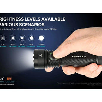 Acebeam E75 USB-C Rechargeable LED Flashlight - Cool White or High CRI LED Options - Includes 1 x 21700 - Anodized Black, Grey, Teal, Green, or MAO Gray Marbling