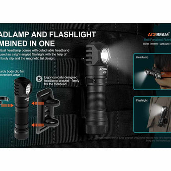 Acebeam H16 Lightweight LED Headlamp - Includes 1 x USB-C Rechargeable 14500 - 900 to 650 Lumens - 6500K to 5000K Color Temperature