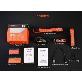 Acebeam H35 USB-C Rechargeable LED Headlamp - 2600 Lumens - Includes 1 x 18650
