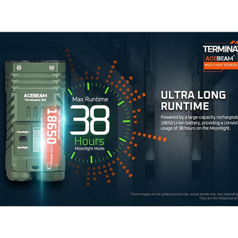 Acebeam Terminator M2 LED Flashlight - 2000-Lumen High CRI Black or 3200-Lumen Cool White OD Green - Includes 1 x USB-C Rechargeable 18650