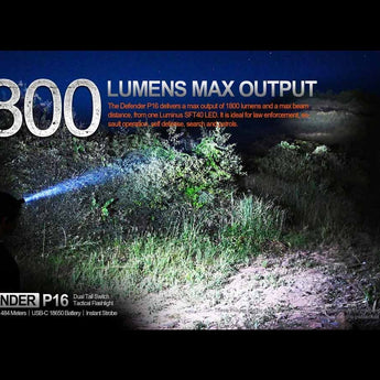 Acebeam Defender P16 USB-C Rechargeable LED Flashlight - 1800 Lumens - Luminus SFT40 - Includes 1 x 18650 - Black or Gray