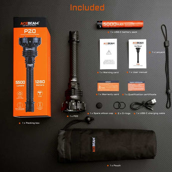 Acebeam P20 USB-C Rechargeable LED Searchlight - 5500 Lumens - Luminus SBT-90.2 or SFT-90X - Includes High-Capacity Li-ion Battery Pack