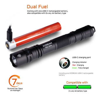 Acebeam TAC-2AA LED Flashlight - 1600 or 1400 Lumens - Includes 1 x USB-C Rechargeable Battery Pack - Choice of Color and LED